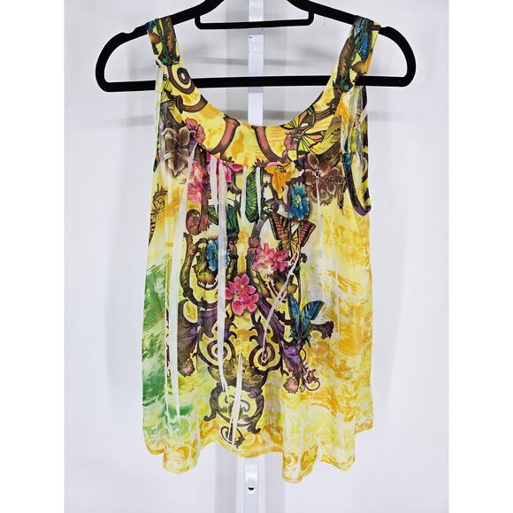 Spy Zone Exchange Womens Sz L Sleeveless Blouse Bright Yellow Butterfly Floral - Picture 4 of 5